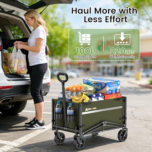 Blomoba Collapsible Wagon Cart, 220LBS Utility Wagon with Wheels, Green - color: Green, size: 100L