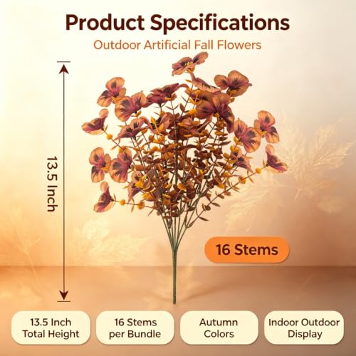 Artificial Pansy Faux Flowers, 16 Pack UV Resistant Outdoor Fall Decor - color: Browny Yellow