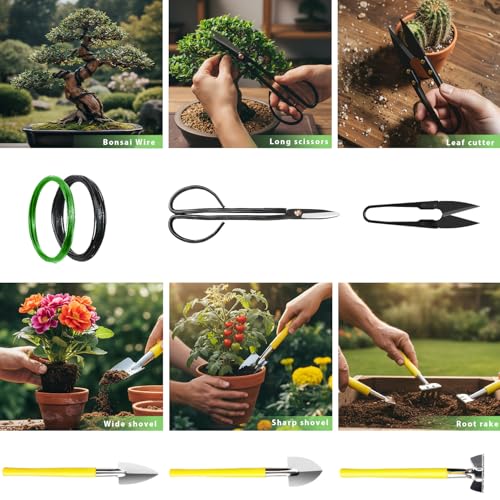 Bonsai Tools Set 7Pcs, MOSFiATA Bonsai Tree Tools Kit Succulent Trimming Tools Include Scissors, Cutters, Rake, Round and Pointed Shovel &Training Wire for Bonsai Beginner Gardening Gifts - size: Bonsai Tools 7Pcs