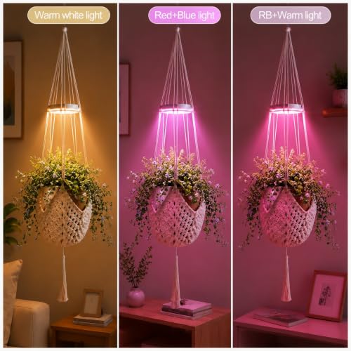 Shappy Hanging Plant Grow Light with Macrame Hanger, Indoor Lamp, Cream - color: Cream, size: Grow Light