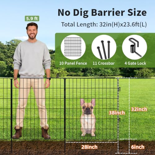 3-Layer No Dig Metal Dog Fence for Yard, 32in x 23.6ft, 10 Panels - size: 32in
