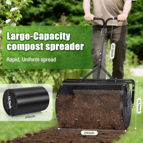 GADFISH 24 Inch Compost Spreader & Lawn Roller, Featuring One Mesh Roller and One 23 Gallon Hollow Roller, Push & Tow Design, Suitable for Lawn Maintenance and Peat Moss Spreader