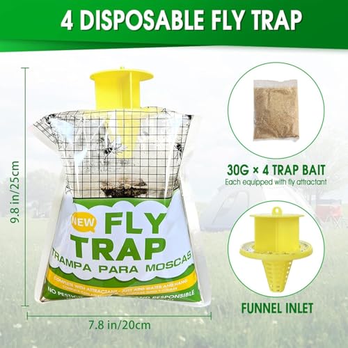 Fly Traps Outdoor 4 Pack, Pre-Baited Hanging Fly Catcher Bags, Fast Acting Non-Toxic Disposable Flies Killer for Outside Trash Areas,Horse Ranch,Barns,Stables,Yard,Patio,Farm & Heavy Fly Control.