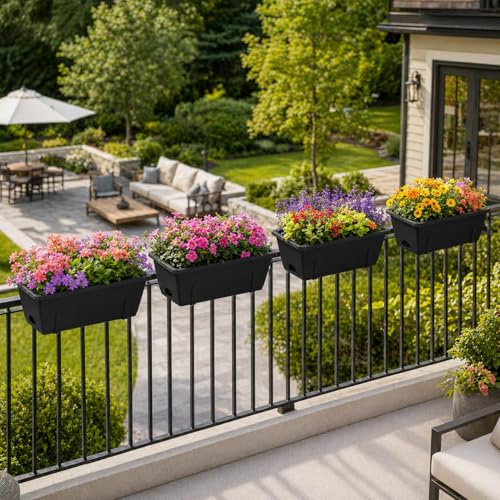 CADUKE Railing Planter Box 4 Pack Window Boxes Planter with Adjustable Brackets 16.9 Inches Deck Railing Hanging Flower Boxes Black Balcony Planters Fence Hanging Planters for Outdoor - color: Black