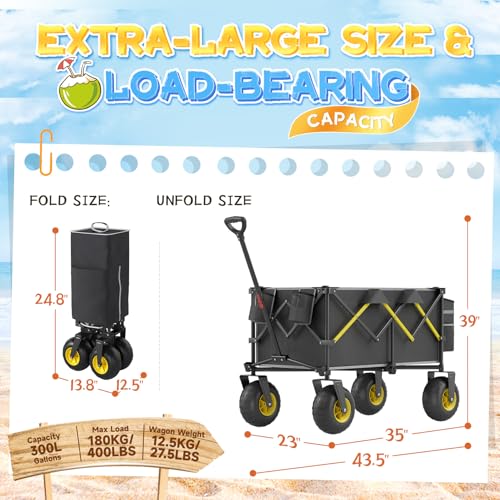 Beach Wagon with Big Wheels for Sand, 400lbs Heavy Duty Folding Wagon - color: Black