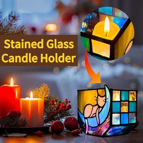 Tiffany Stained Glass Funny Moon Sleeping Cat Planter,Flower Pots for Indoor Plants,Plant Pot with Drainage,Cute Grey Cat Plant Pots,Gifts for Plant Lovers,4.6x3x5.15 in - color: Grey-blue