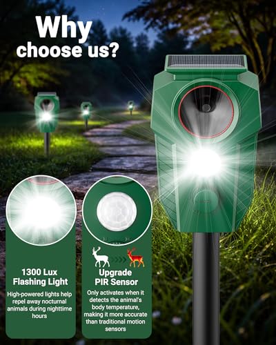 Solar Ultrasonic Deer Repellent Devices with Motion Sensor & LED Flashing Lights, Waterproof Animal Repeller Outdoor for Yard, Garden & Lawn to Keep Deer & Cats Away