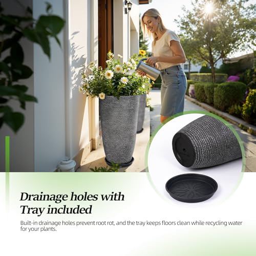 QCQHDU Large Tall Dark Gray Planters Set of 2-9 Gallon 12" Round Outdoor Planters for Front Door & Patio, Faux Stone Indoor Plant Pots with Tray, Porch Decor Plant Containers - color: Dark Gray