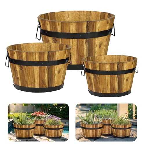 Idzo Set of 3 Wooden Flower Planters for Outdoor Plants, Acacia Wood Barrel Planters, Ergonomic Handles, Drainage Holes, Various Sizes, Golden Teak - color: Round Golden Teak_set 3