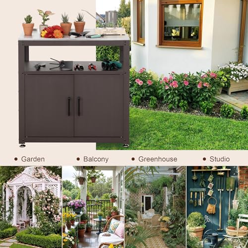 Feasto Heavy-Duty Potting Bench with Storage & Stainless Steel Top - color: Brown