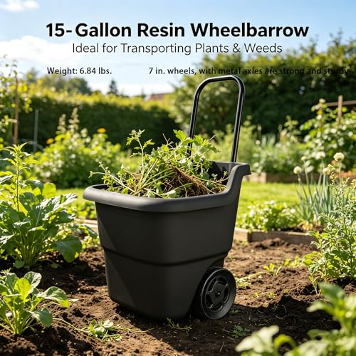 15-Gallon Lawn & Garden Cart – Resin Material, Assembled Dimensions: 20.75" L x 22.5" W x 35.75" H – Outdoor Utility Cart for Yard Work, Gardening, and Landscaping,Black
