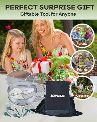 5-in-1 Soil Sifter Set with 5 Replaceable Stainless Steel Mesh Screen & Shovel (1/8" - 1/2"), Soil Sifter for Soils, Compost, Bonsai etc. (11-5/8" Diameter) (15-in-1 Sets)