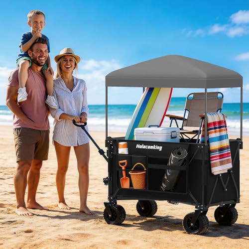 Collapsible Canopy Wagon Cart, All-Terrain Big Wheels, Black - color: Black