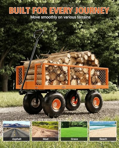 Heavy Duty Steel Garden Cart - 500 lbs Capacity, Outdoor Utility Wagon, Removable Mesh Sides, 10" Wheels, Flexible Handle for Yard, Lawn, Gardening, 3-in-1 Design - Orange (Pantone Orange - color: Orange, size: 500 LBS