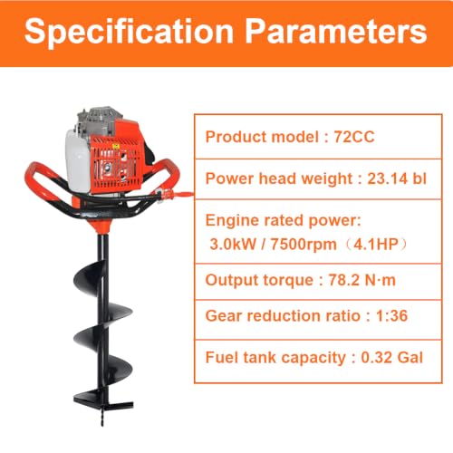 72CC Gas-Powered Post Hole Digger, 2 Stroke Auger, Orange - size: 72CC