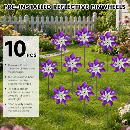 10 Pack Pre-Assembled Reflective Rainbow Pinwheels (Purple) - color: Silver-purple