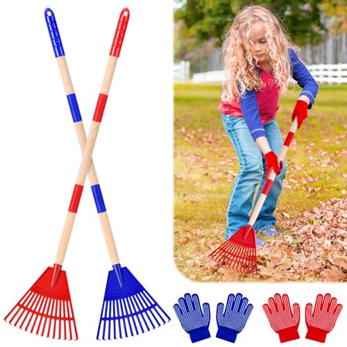 2 Pcs 35'' Kids Rakes for Leaves - Plastic Rake Head with 2 Pairs Kids - color: Red & Blue-2 Pack