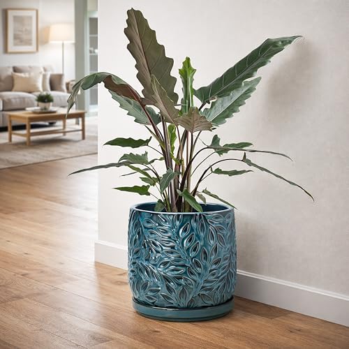 D'vine Dev Embossed Leaves Ceramic Planter, 8 in, Ocean Teal, 27-A-Q-8 - color: Ocean Teal, size: 8 Inch
