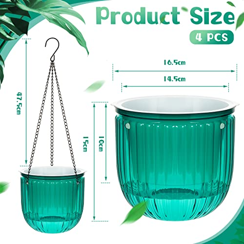 Meanplan 4 Pcs Self Watering Hanging Planter Indoor 6.5 Inch Hanging Baskets for Plants Outdoor Plastic Flower Pot with 3 Hooks Chains Drainage Holes for Garden Home, Medium Size(Emerald) - color: Emerald