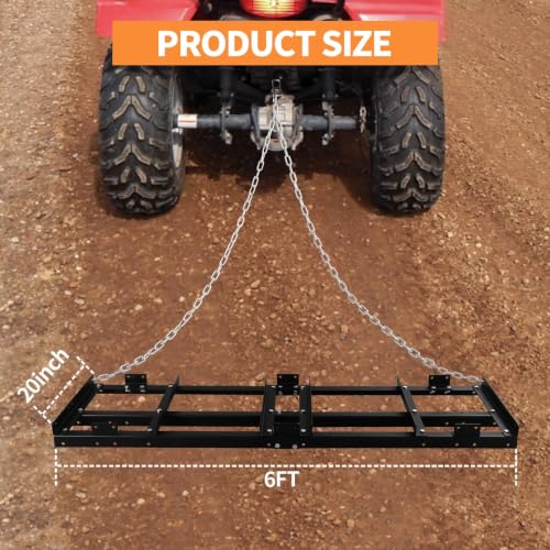 Heavy Duty 6FT Drag Harrow Driveway Grader, Tow-Behind Landscape Rake with 16FT Chain for ATV, UTV, Tractor – Ideal for Gravel, Soil, Sand Leveling and Lawn Maintenance - size: 6FT