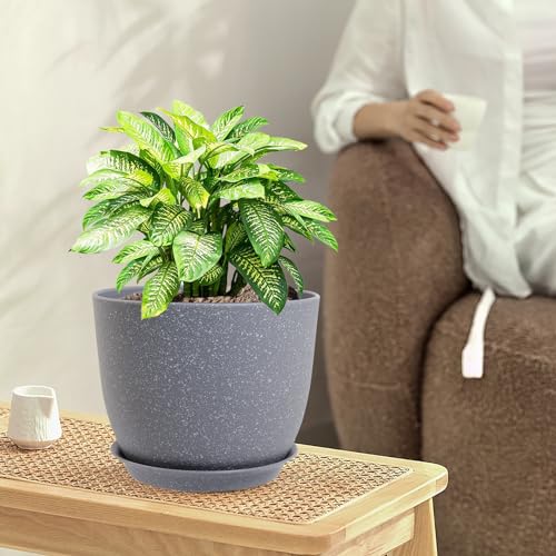 WSMKSZ 12/10/9 inch Large Plant Pots, 3 Pack Modern Decorative Plastic Planters with Drainage Holes and Saucer for House Garden Plants, Flower Pots for Indoor Outdoor Plants, Speckled Grey - color: Speckled Grey, size: 12"+10"+9"