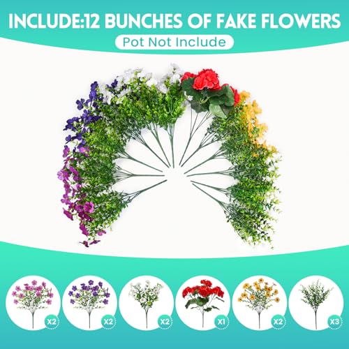 Hrobek Fake Artificial Silk Flowers for Outdoors with Realistic UV Resistant, Faux Plants for Outside Indoor, Home Patio Garden Back Yard Front Porch Decor Spring Summer(12 Bunches) - color: 7 Color Mixed(1 Red Geranium,3 White Boxwood,2 Purple,2 Lt. Purp