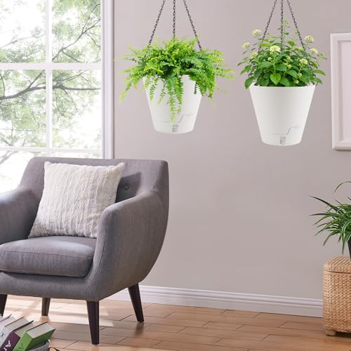 8 Inch Hanging Planters Indoor Outdoor, 3 Pack Plastic Self Watering Plant Pots with Drainage Holes & Saucers, Hanging Baskets Flower Pots with Chain for Ivy, Spider Plant, Pothos, Ferns - color: White