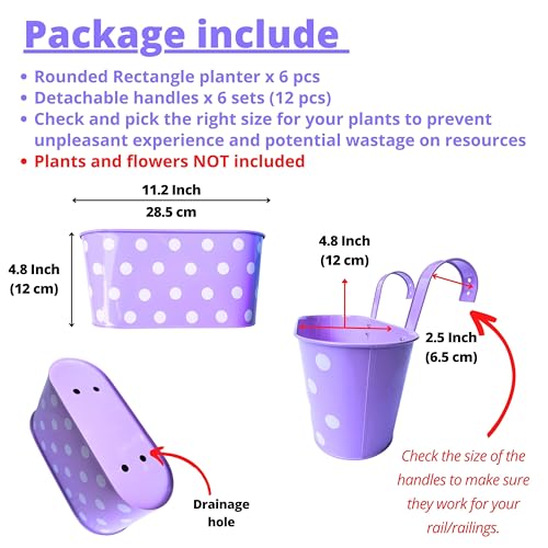 LaLaGreen Balcony Rail Planter (11.2 in, 6 Pack) Polka Dot Metal Flower Pot - color: Assorted G X 6 Pack
