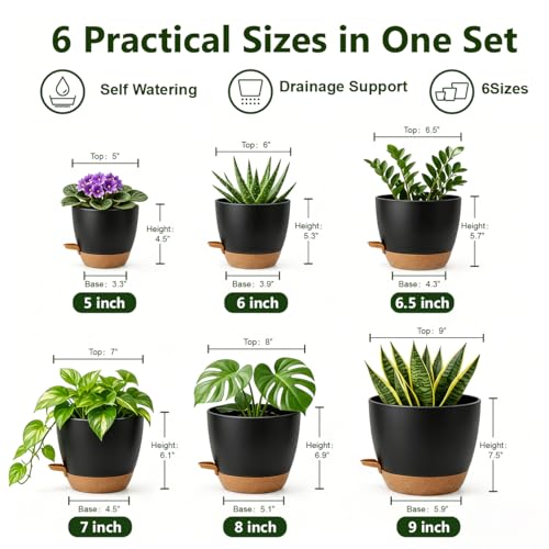 Plant Pots for Indoor 9/8/7/6.5/6/5 Inch, Self Watering Planter Pots with Drainage Holes and Saucers, 6Pcs Plastic Flower Pots for Indoor & Outdoor Plants(Black) - color: Black