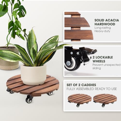 Idzo 2-Pack 14 Inch Acacia Wood Plant Caddy with Wheels – Heavy-Duty Plant Dolly with 264 Lbs Capacity, 360° Lockable Wheels for Large Plant Pots, Heavy Objects, Ideal for Indoor and Outdoor Use - color: Round Wood Brown, size: 14 Inch