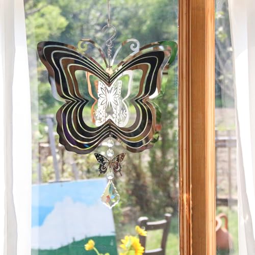 Phuryllic Wind Spinners Outdoor, Garden Decor, Bird Deterrents for Outside, 3D Metal Yard Decorations for Patio & Porch, Unique Gardening Gifts for Women & Moms - Butterfly Decor - color: 1pc Silver Butterfly
