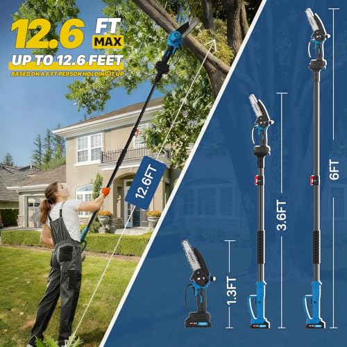 Electric Pole Saws for Tree Trimming, 6 Inch Mini Chainsaw Cordless 2-in-1 Pole Saw Battery Powered Tree Trimmer, Hand Held Chainsaw Long Bar Tree Branch Cutter, Wood Cutting Tools with 2 Batteries - color: Light Blue