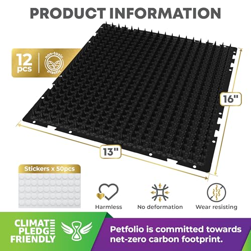 Petfolio 12 Pack Black Cat Spike Mat - 16" x 13" Scat Mat for Cats with 1" Spike is A Perfect Pet Deterrent for Indoor & Outdoor Cat Repellent to Deter Feral Cats & Dogs - color: Black