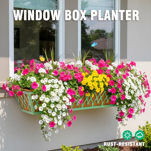 2 Pack 30 Inch Window Boxes Planters Railing Planter Box with Adjustable Brackets for Porch Fence Patio Balcony Hanging Flower Baskets with Coco Liners for Outdoor Garden Decor - Green - color: Green, size: 30 Inch - 2 Pack