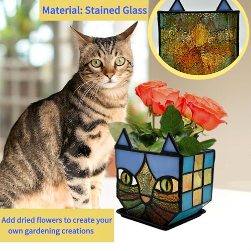 Tiffany Style Stained Glass Cat Flower Pots with Drainage,Funny Blue Cat Planter,Cute Garden Pots,Flower Pots for Indoor Plants,Gifts for Plant Lovers,4.6x3x5.15 in - color: Blue