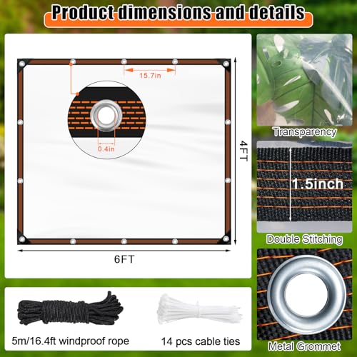 4x6FT Heavy Duty Clear Waterproof Tarp,Outdoor Garden Rainproof Covering - size: 4 x 6 FT