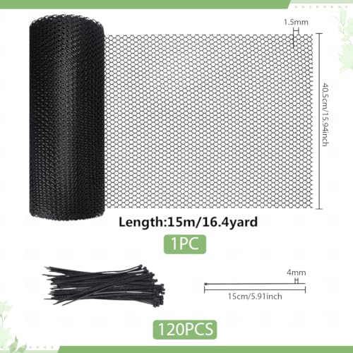 AHANDMAKER 50ftx16in Plastic Wire Mesh Chicken Wire Fencing Roll Mesh Netting with 120 Cable Ties Heavy Duty Garden Fence for Rabbit Poultry Protection and Plant Defense, Black