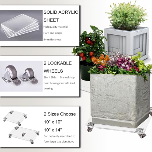 1PC Transparent Clear Color Plant Caddy 10x10 inch Acrylic Heavy Duty Square Plant Stand with 2 Roller Lockable Caster Wheels,Indoor Outdoor Holds Up 150 Lbs Patio/Flower Pot/Dolly - size: 10x10inch