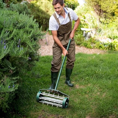 GYMAX Lawn Aerator, 17inch Heavy Duty Rolling Aerator with Sharp Spikes & Anti-Slip Handle, Push Grass Lawn Aerator for Garden, Yard, Manual Aerator Tool (with Fender) - style: WIth Fender