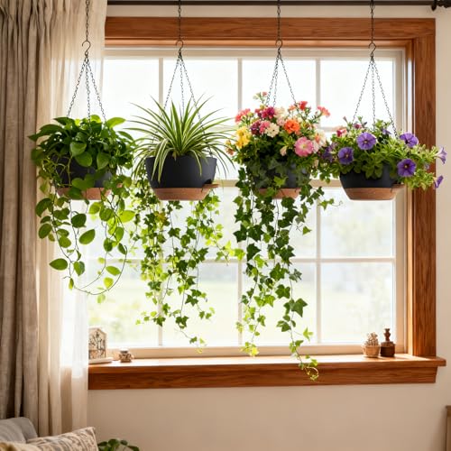 UOUZ 4 Pack 8 Inch Self Watering Hanging Planters for Indoor Outdoor Plants,Hanging Pots for Plants with Drainage Removable Tray, Hanging Baskets Flower Pots for Pothos Spider Garden Black with Brown - color: Black With Brown, size: 8inch-4pack