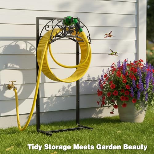 Garden Hose Holder - Upgraded Electrophoretic Coating Anti-Rust Graden Hose Storage Rack with Hummingbird Pattern Holds 150ft, Heavy Duty Garden Hose Hanger, Water Hose Holders for Outside Yard Lawn