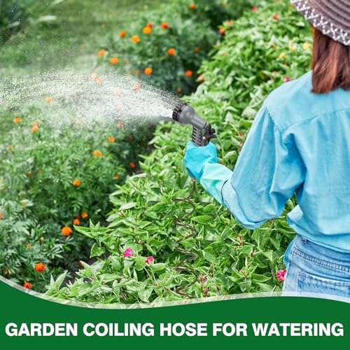 100 FT 3/8" Lightweight Coiled Garden Hose EVA Flexible with 7 Function Nozzles and Brass Connectors for Garden Watering Plants Greenhouses Patios Olive Green