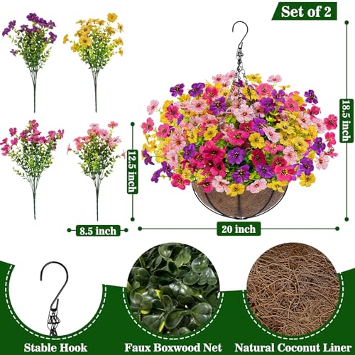 2 Sets Artificial Hanging Plants Flowers Basket Outdoor, Fake Hanging Plants 24 Pcs Flowers for Porch Patio Garden Home Decor for Spring Summer (Red, Purple, Yellow, Rose Red) - color: Red Purple Yellow Rose Red - 2 Sets