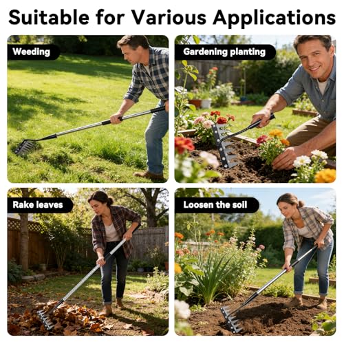 Weed Puller Tool 7-Tooth Iron Weeding Rake with Long Handle - Heavy Duty Garden Weeding Tool for Cultivating, Soil Aeration & Weed Removal