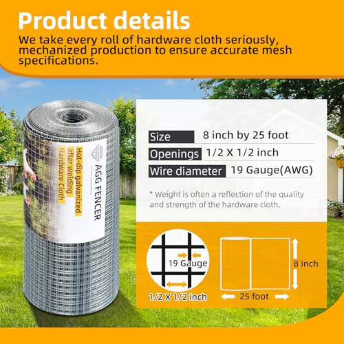 AggFencer 8inch x 25ft Hardware Cloth 1/2 inch Chicken Wire Fencing 19Ga - size: 1/2in 8in x 25ft