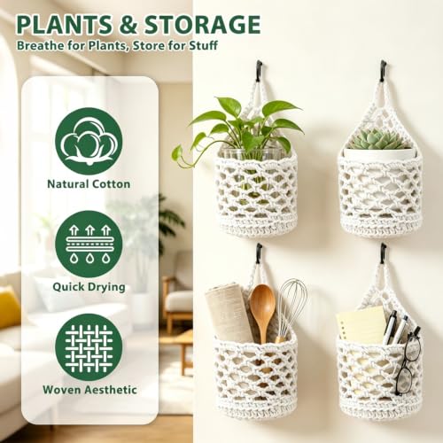 4-PCS 5 Inch Macrame Wall Plant Hangers, Small Wall Hanging Plant Holder, Natural Cotton Rope Hanger for Indoor Plants & Daily Storage, Boho Home Decor - color: White