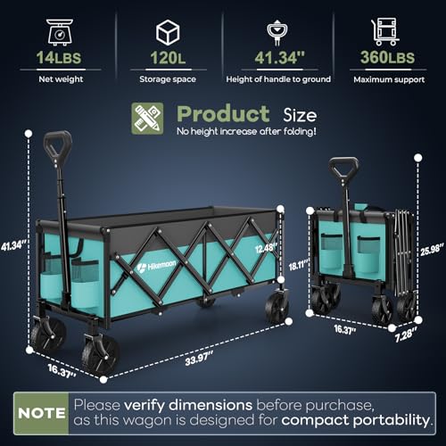 HIKEMOON 34'' Extra Long Folding Portable Wagon, 120L 360LBS Turquoise - color: Turquoise