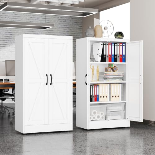 erosoei 43" H Metal Garage Storage Cabinet, Black Metal Pantry Cabinet with 2 Doors, Locker Steel Cabinet with 3 Adjustable Shelves, Freestanding Cupboard for Garage,Office,Home,Gym,School - color: White, size: 43" NCasNLck-M