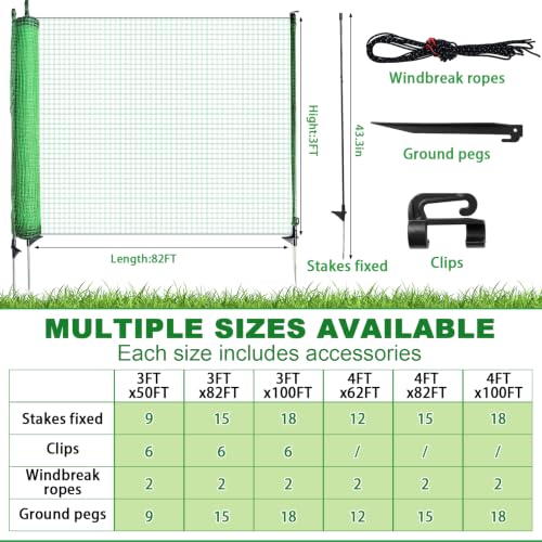 3*82ft Temporary Fence with Posts,Animal Barrier Dog Portable Fencing with Fiberglass Stake Windbreak Rope, Safety Snow Plastic Netting Roll for Garden Backyard Outdoor for Chickens or Other Animals - size: 3*82Ft