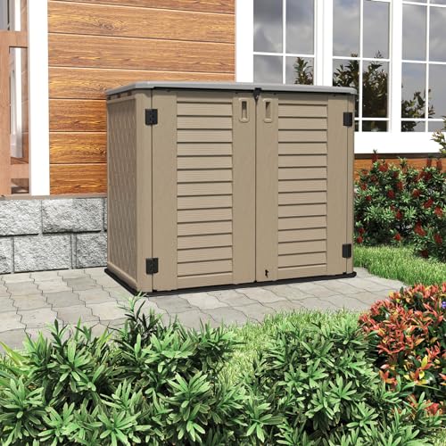 HOMSPARK Outdoor Storage shed, 26 Cu.ft Outdoor Storage Box Waterproof, Outdoor Storage Cabinet for Bike, Garbage Cans, Lawnmower, Garden Accessories, Waterproof, Lockable - color: coffee, size: Standard-26 cu ft